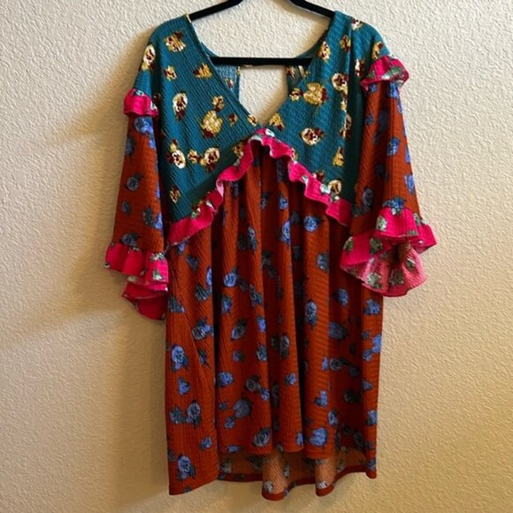 Anthropologie Ruffle Bohemian Mini Dress In Novelty Size Large - Picture 1 of 8